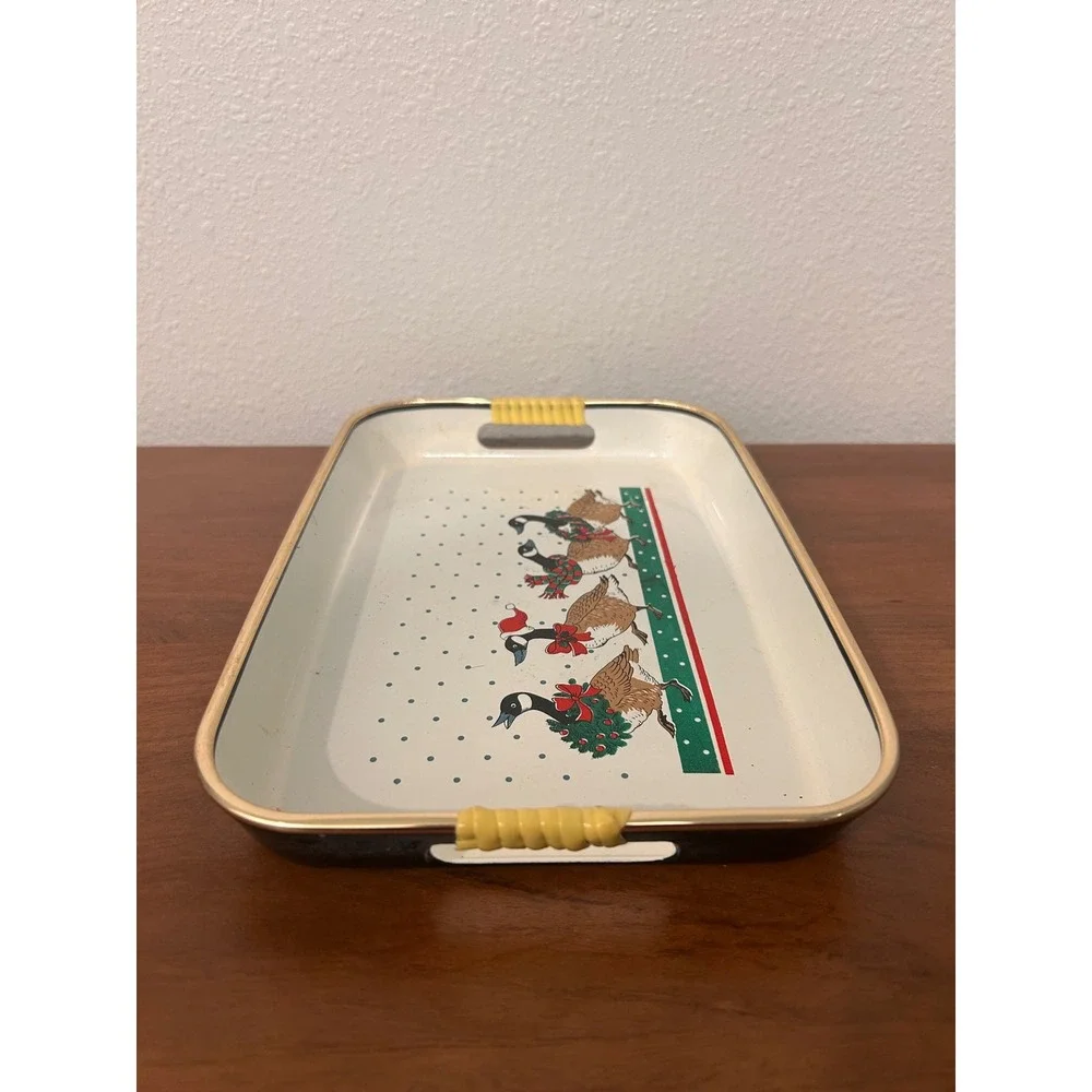 Vintage Christmas Lacquer Serving Tray Canada Geese Holiday Decor Cream Gold Rim